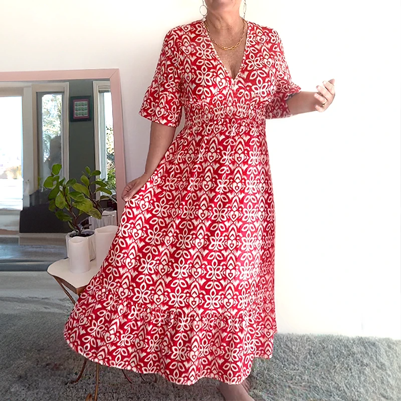 💥🔥Last Day Sale 49%🔥💐✨Bohemian casual print V-neck waist wrap long dress
