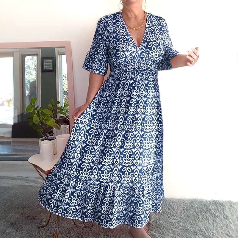 💥🔥Last Day Sale 49%🔥💐✨Bohemian casual print V-neck waist wrap long dress