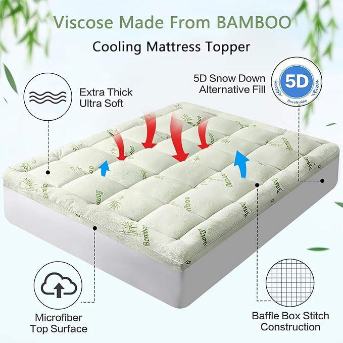 ✨50% OFF!! 💚🛌Premium Viscose Made from Bamboo Twin Size Mattress Topper for Back Pain,1200 GSM Quilted Fitted Extra Thick Mattress Pad,Pillow Top Mattress Cover🌸